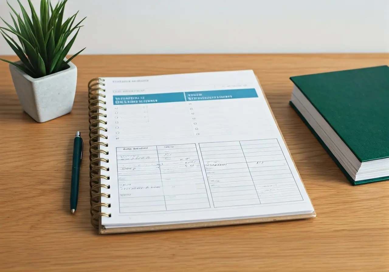 A serene, organized desk with a mental health planner. 35mm stock photo