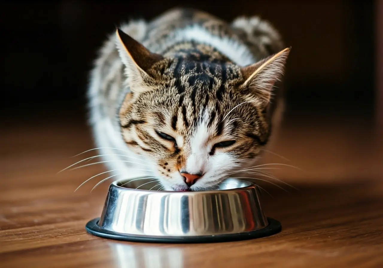 A cat happily eating from a stainless steel bowl. 35mm stock photo