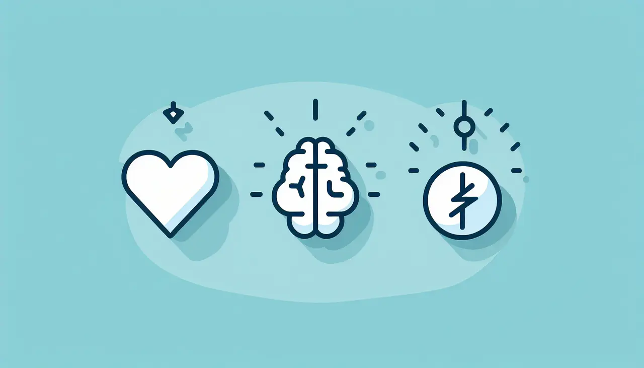 Draw a graphic in flat design style. A flat design illustration of a heart, brain, and energy bolt, symbolizing CoQ10 benefits, with minimalistic icons and a clean background.