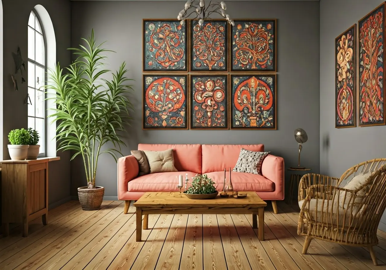 A cozy living room with vibrant, abstract wall art. 35mm stock photo