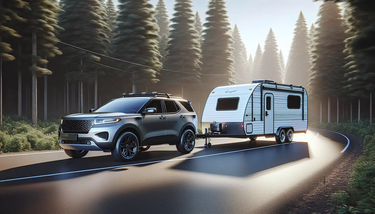 a suv towing a small white travel trailer