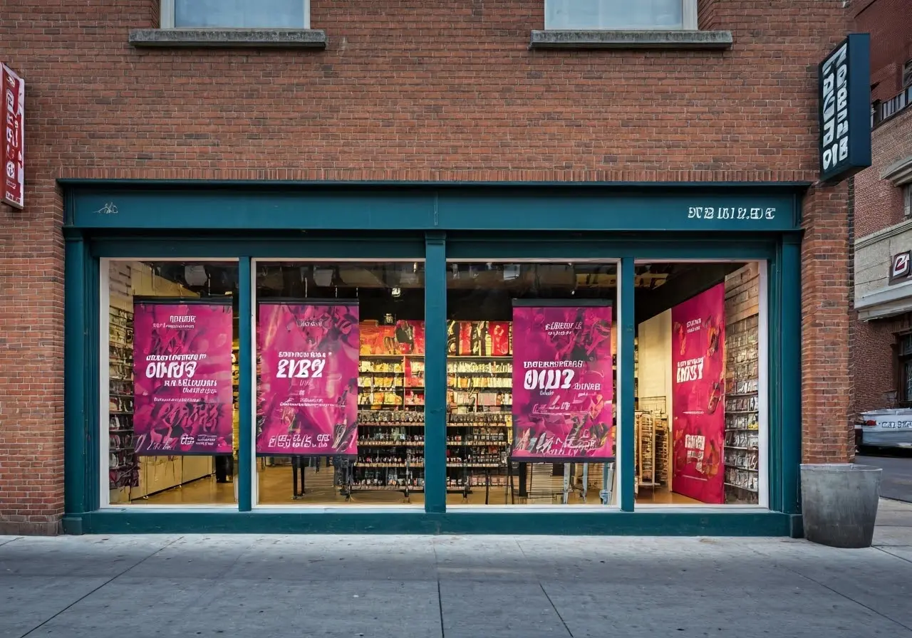 A vibrant store facade with eye-catching promotional signs. 35mm stock photo