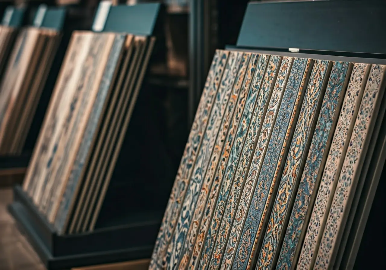 Close-up of colorful ceramic tiles on display in a showroom. 35mm stock photo