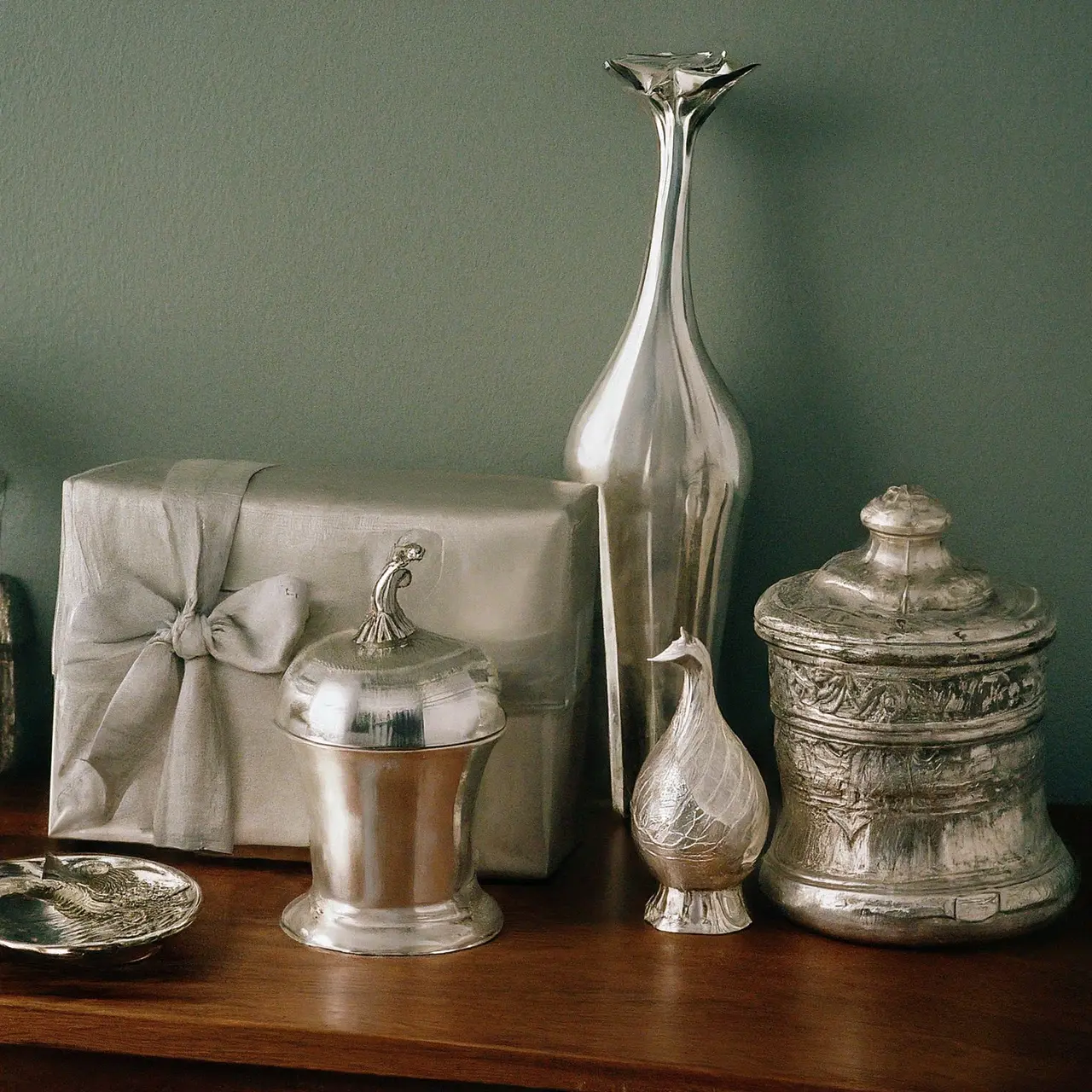 A collection of elegant silver gifts on a display table. 35mm stock photo