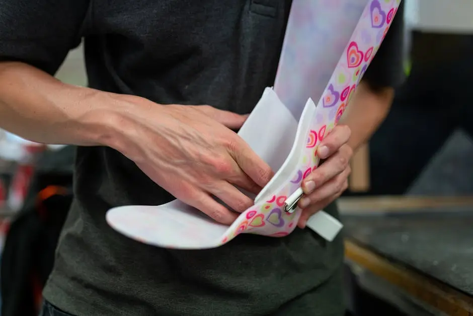 A person designing a vibrant, heart-patterned orthotic brace indoors, showcasing craftsmanship.