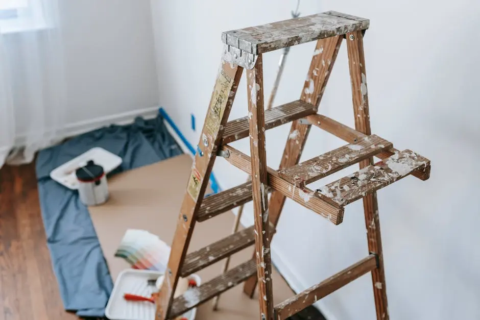 A Dirty Brown Wooden Stepladder Inside A Room