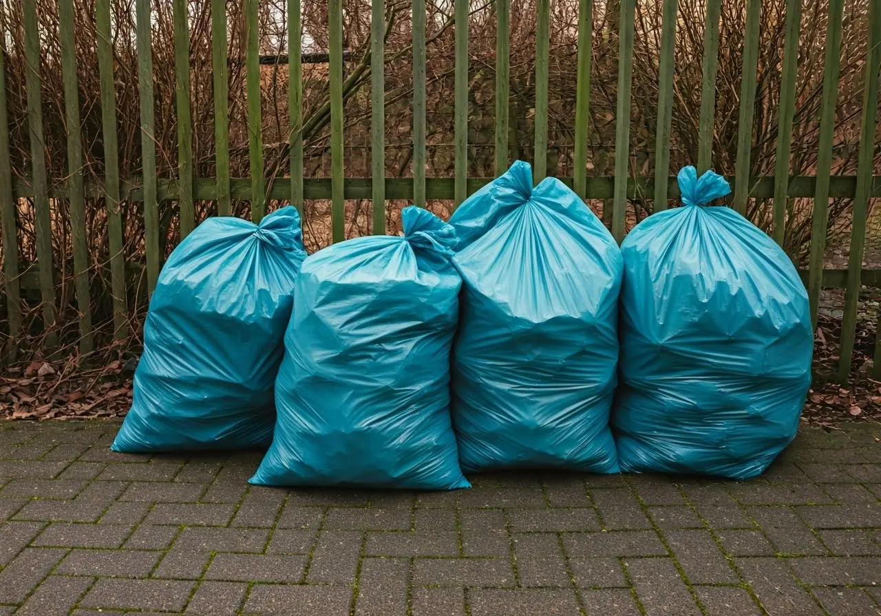 A tidy yard with neatly stacked biodegradable waste bags. 35mm stock photo