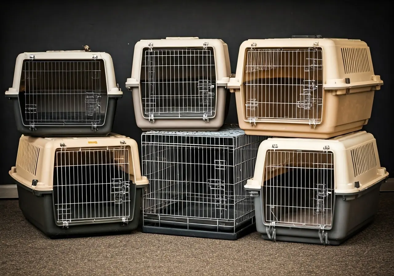 A variety of puppy crates in different sizes displayed neatly. 35mm stock photo