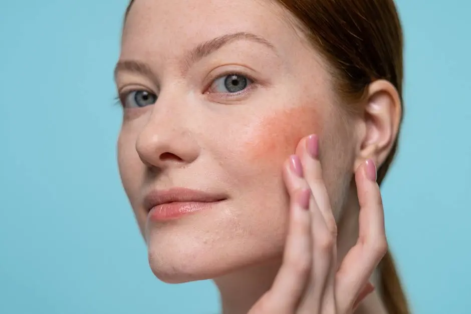 Woman applying blush on her face, highlighting healthy skin and beauty in a studio setting.