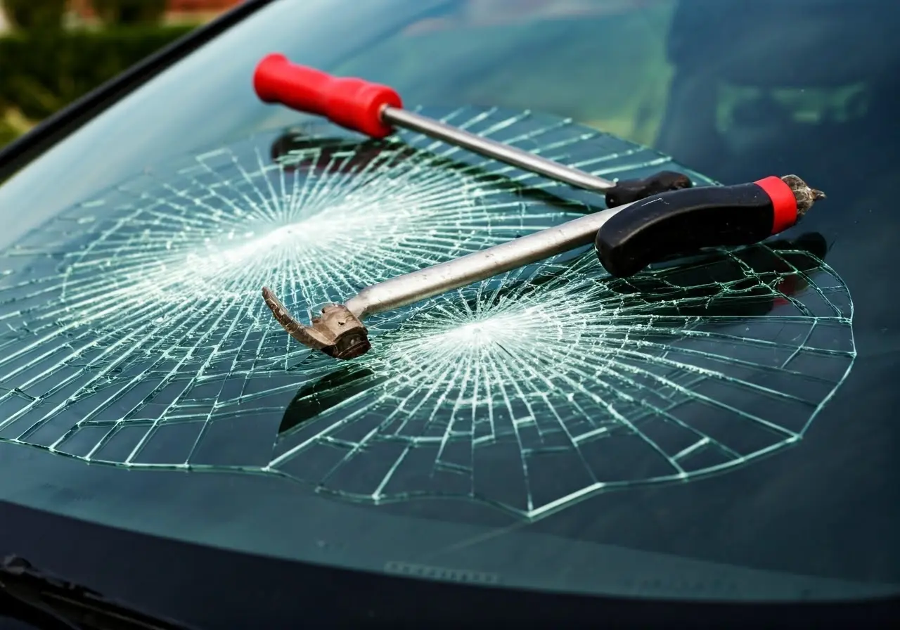 A cracked car windshield with repair tools in view. 35mm stock photo