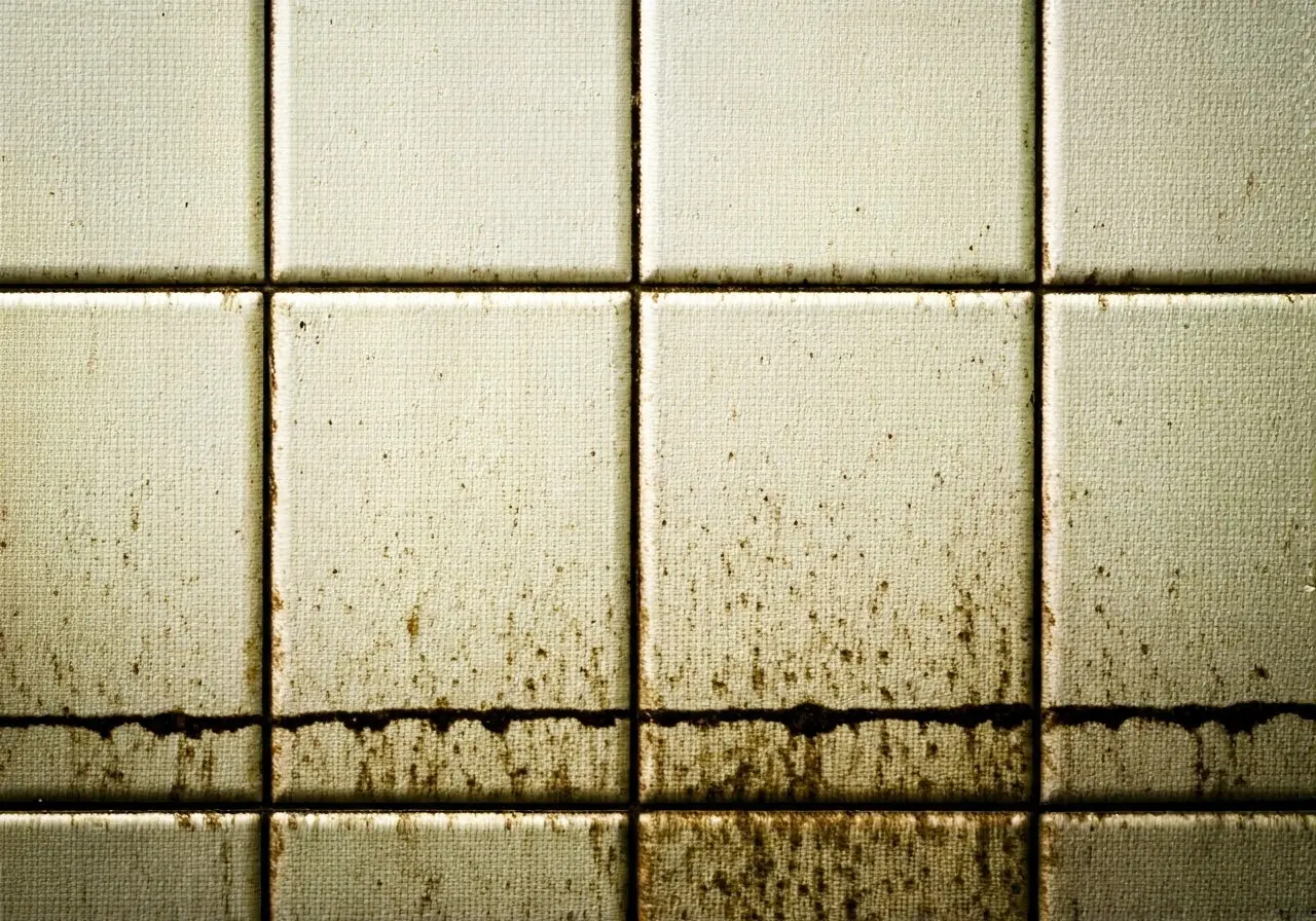 Close-up of dirty bathroom tiles with visible stains. 35mm stock photo