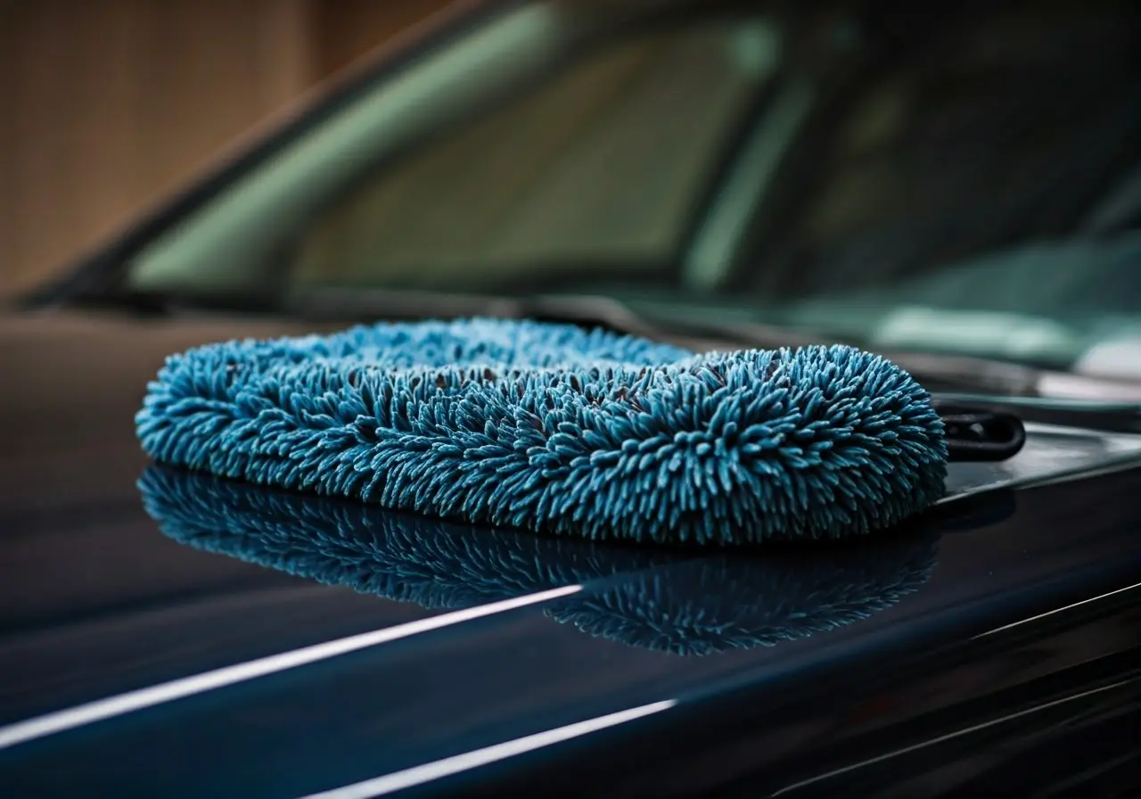 A clean car wash mitt on a shiny car hood. 35mm stock photo