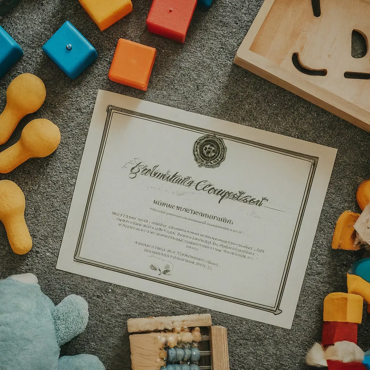 A certificate of completion placed beside play therapy tools. 35mm stock photo