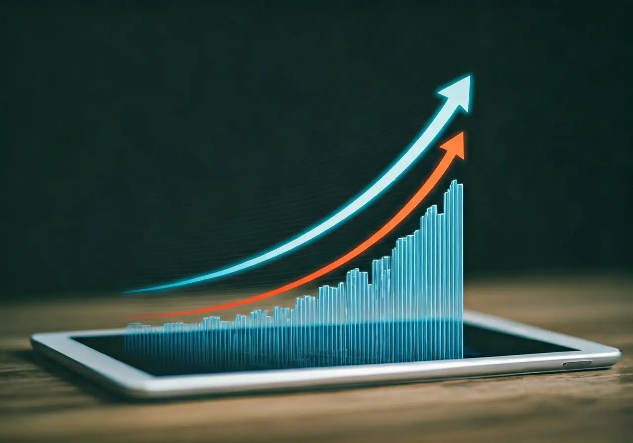 A graph showing upward business growth on a digital tablet. 35mm stock photo