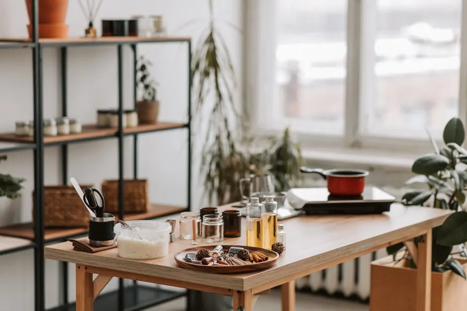 Explore a modern candle making workshop setup with supplies on a wooden table, highlighting a creative studio environment.