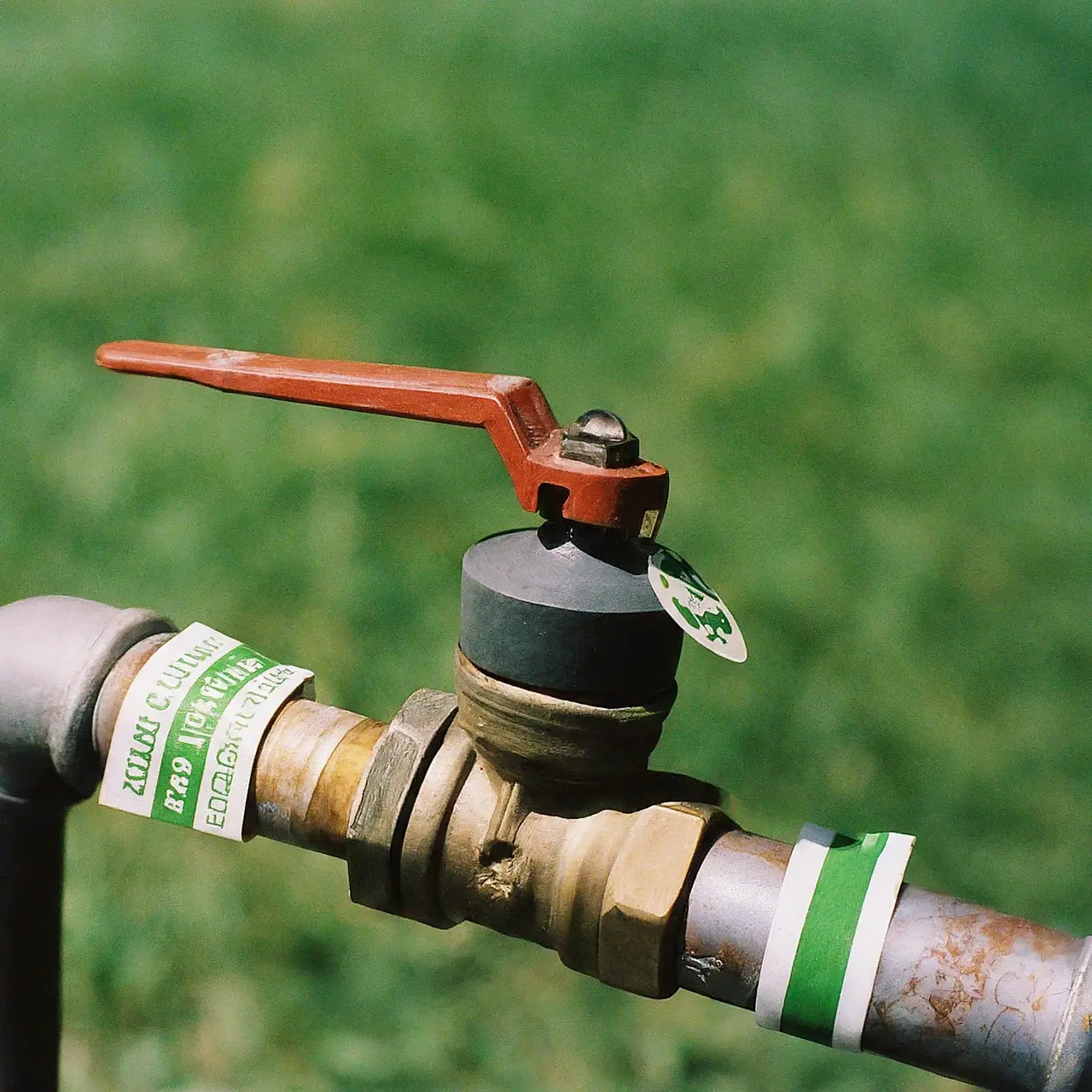 A water valve with eco-friendly labels and a green background. 35mm stock photo