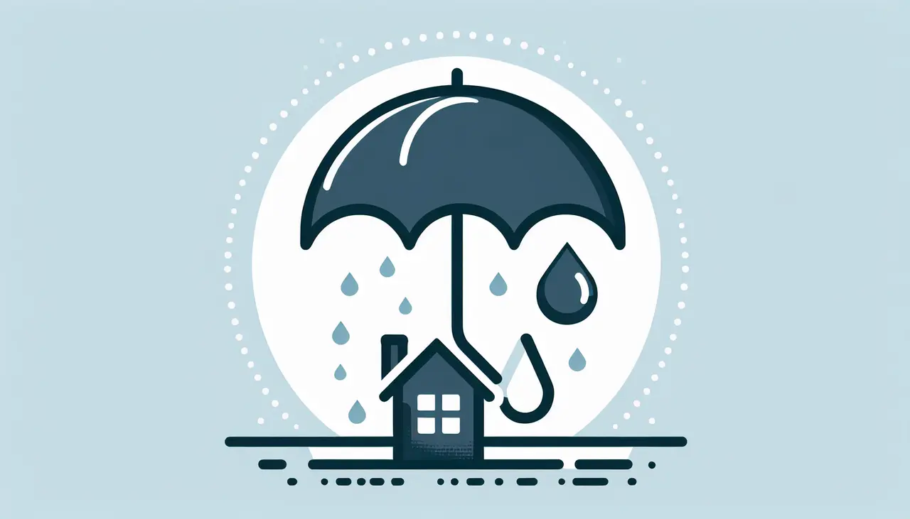 Draw a graphic in flat design style. An umbrella covering a house with a single water droplet falling beside it.