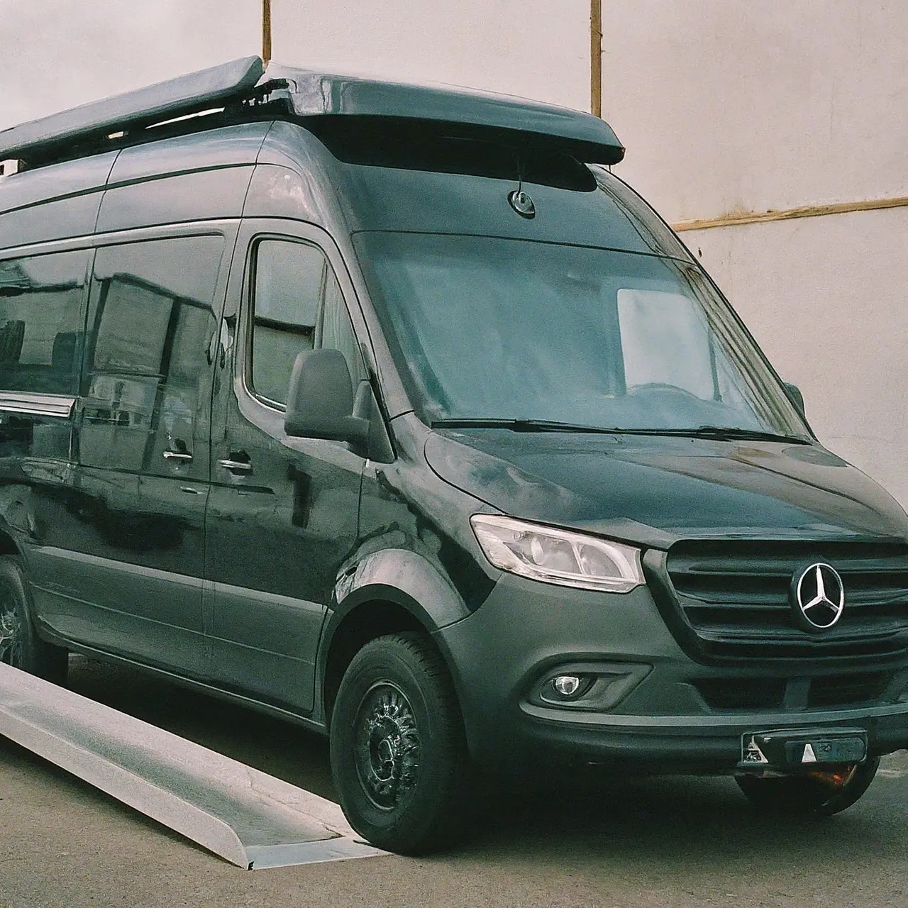 A wheelchair-accessible van parked next to a ramp. 35mm stock photo