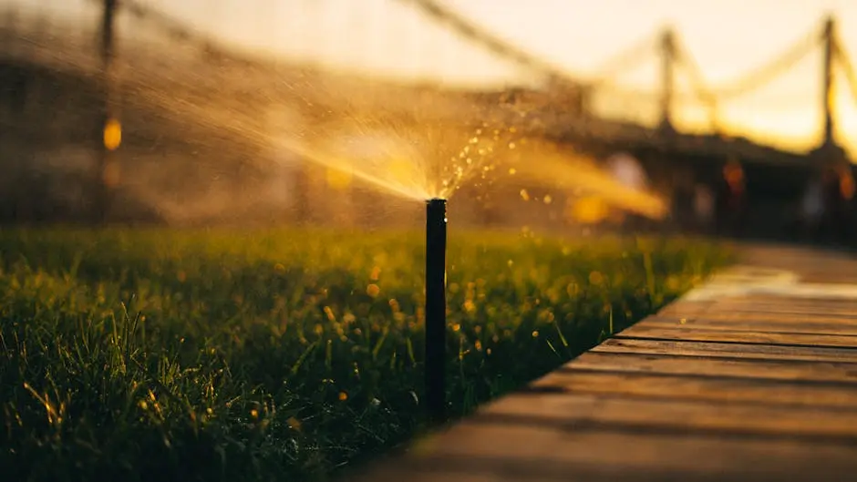 A sprinkler irrigating a green lawn with sunlight filtering through water droplets.