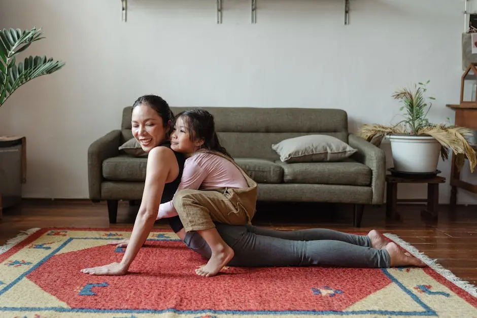 A joyful mother and child duo doing yoga in a cozy living room setting, promoting family fitness.