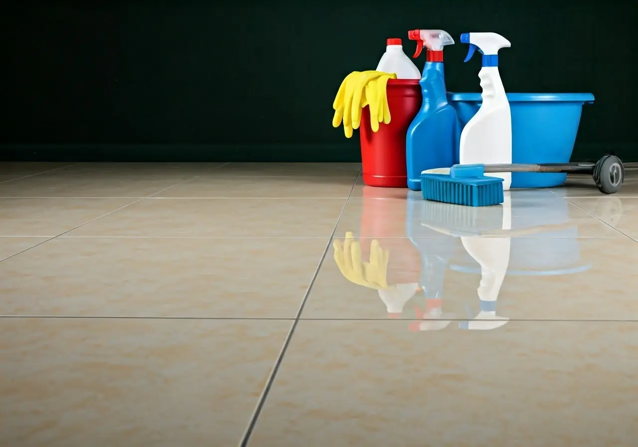 A spotless porcelain tile floor with cleaning supplies nearby. 35mm stock photo