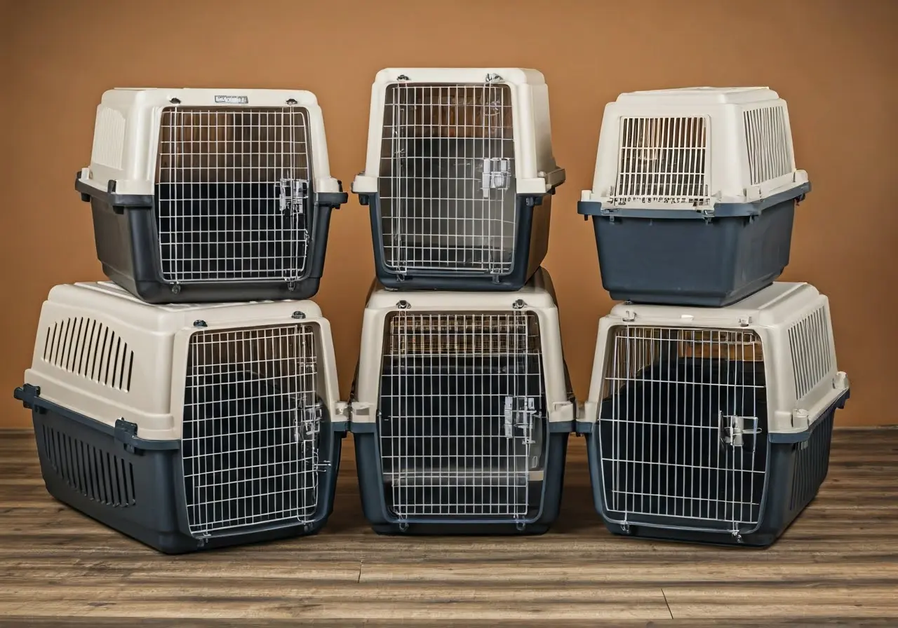 A variety of pet crates in different sizes displayed. 35mm stock photo