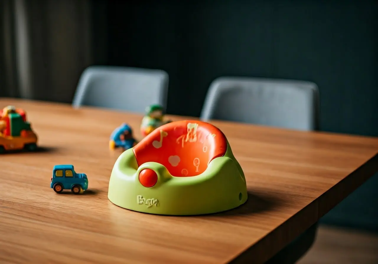 Colorful Bumbo seat on a dining table with toys. 35mm stock photo