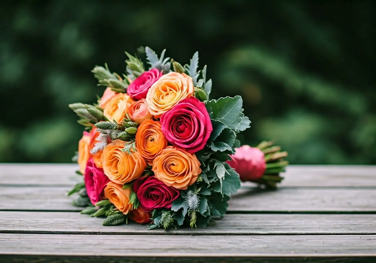 A vibrant bouquet on a rustic wooden table. 35mm stock photo