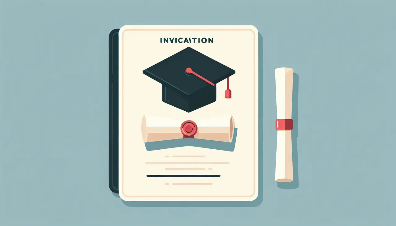 Draw a graphic in flat design style. A clean, flat design image of a graduation cap and diploma placed neatly on an invitation card.