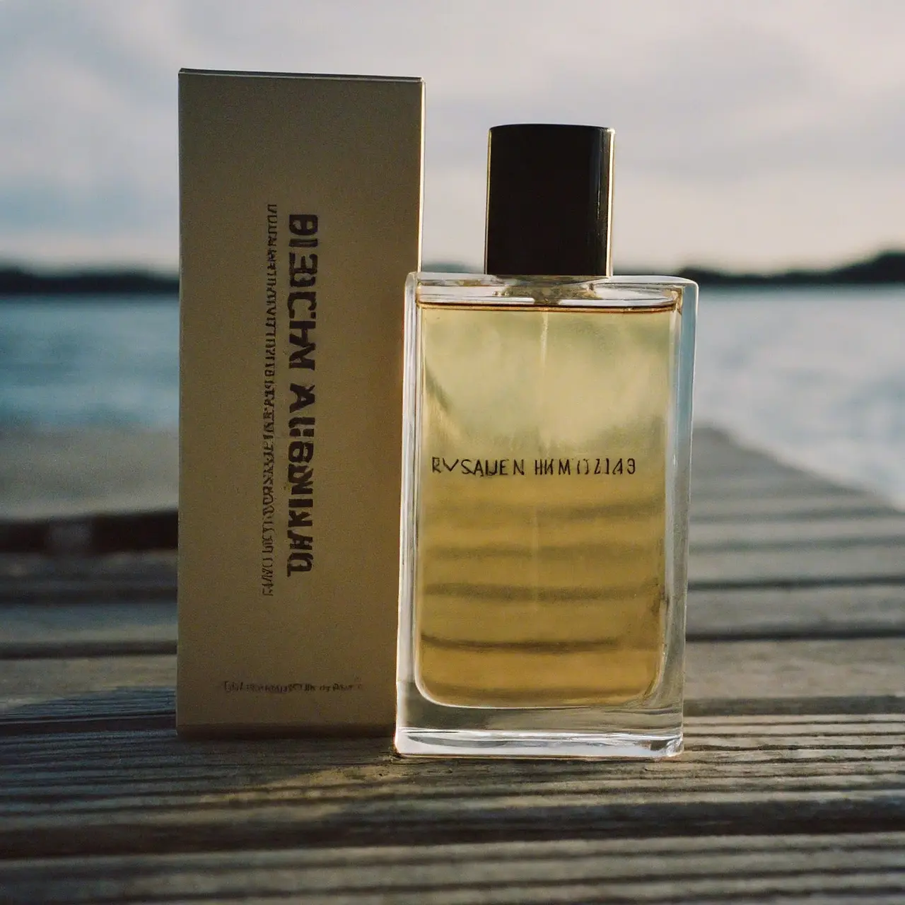 A bottle of Beach Walk Margiela perfume on a wooden dock. 35mm stock photo