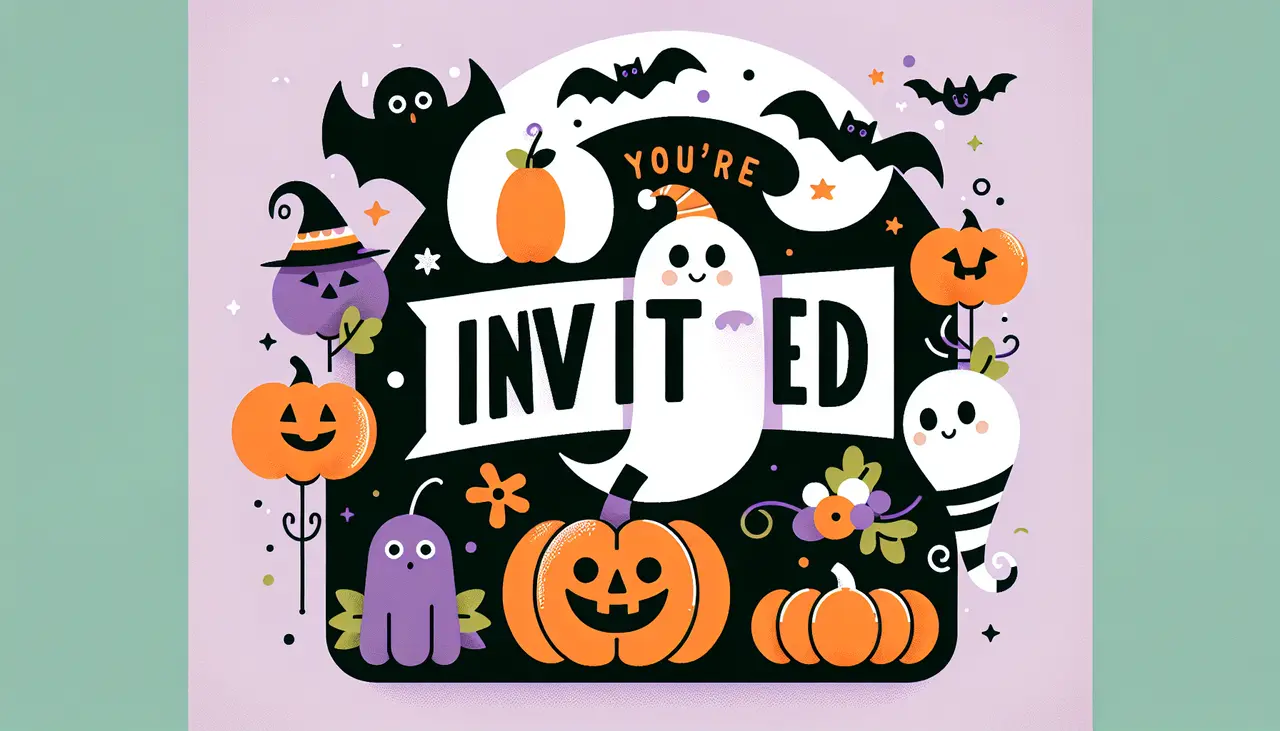 Draw a graphic in flat design style. Prompt: Flat design style image of a Halloween party invitation with pumpkins, bats, and a cute ghost, featuring the text You’re Invited!