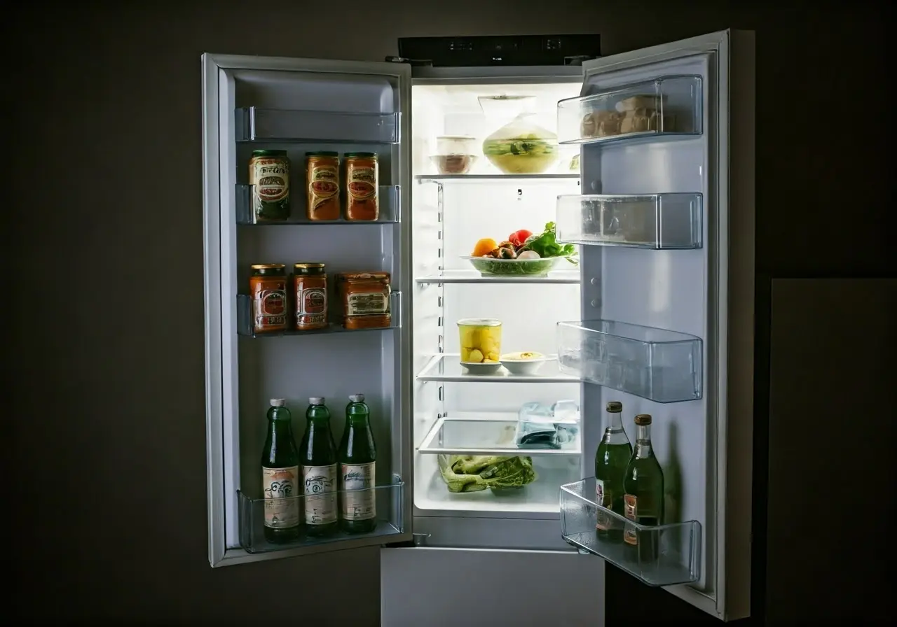 An open refrigerator with visible shelves and food. 35mm stock photo