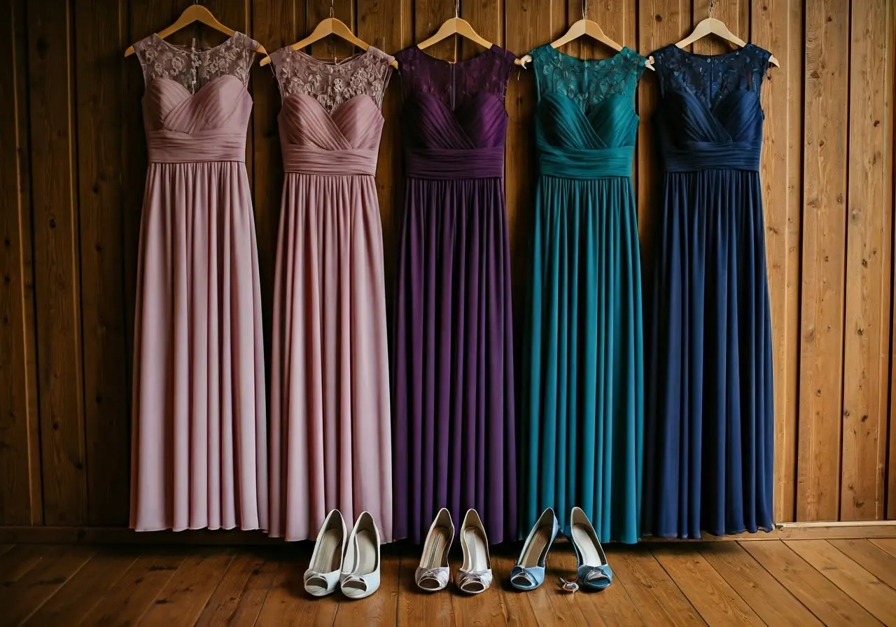 Colorful bridesmaid dresses with matching shoes and jewelry displayed. 35mm stock photo