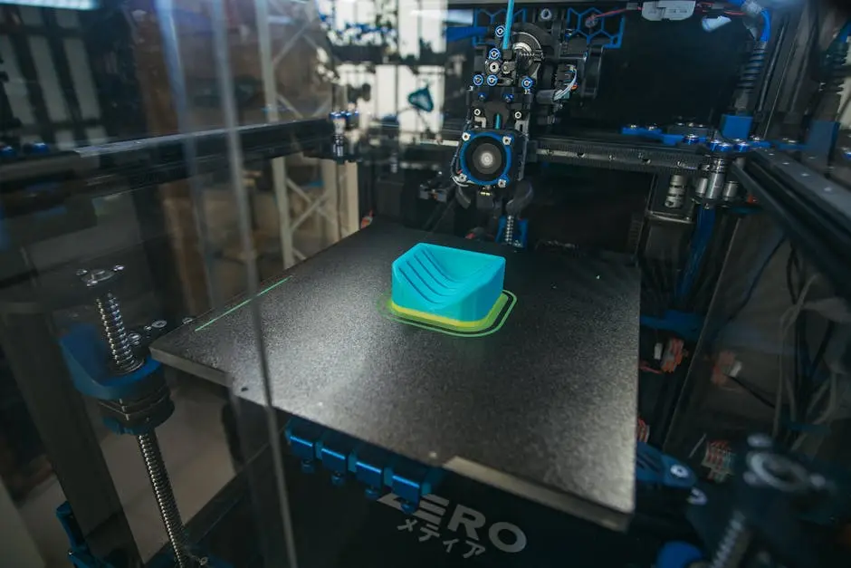 Close-up of a 3D printer creating a plastic object in an industrial setting.