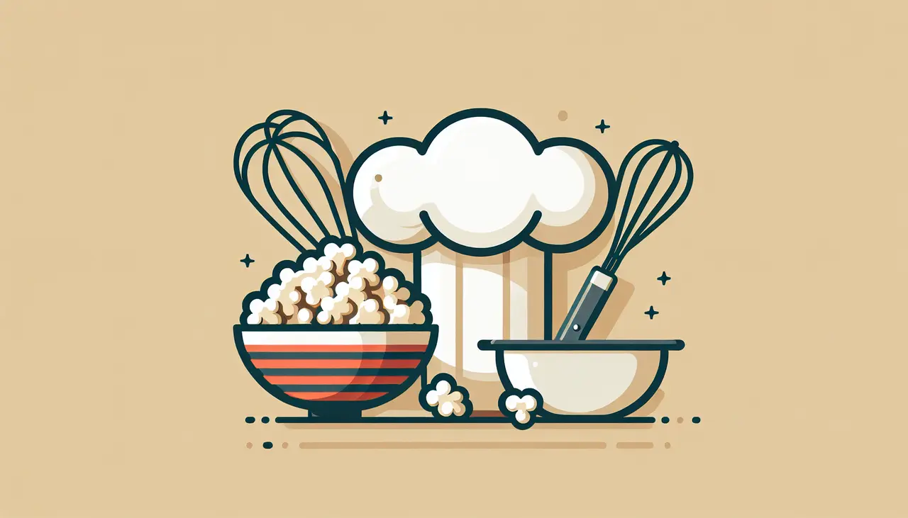 Draw a graphic in flat design style. A simple depiction of a chef’s hat and a bowl of gourmet popcorn with a whisk and mixing bowl in the background.