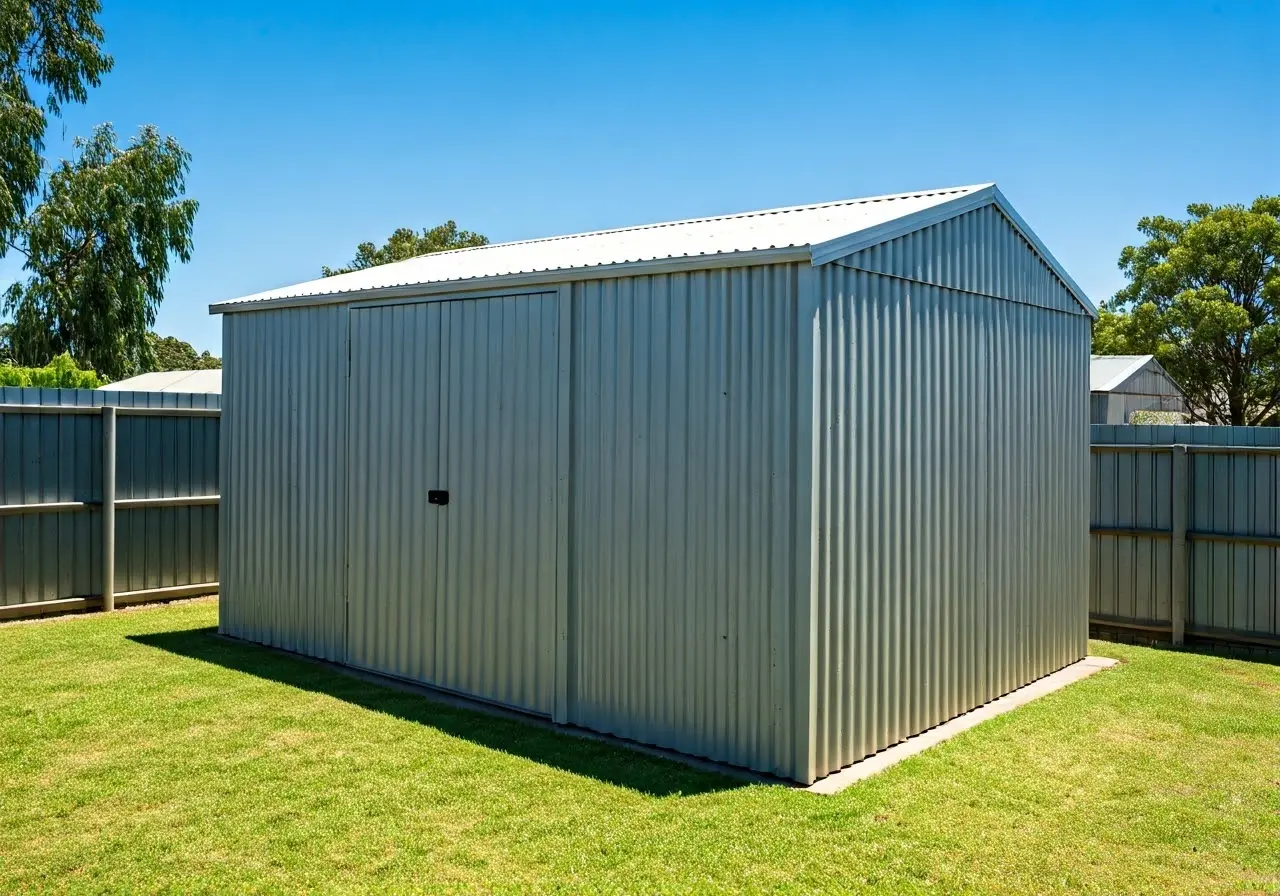 A well-maintained Colorbond shed in a sunny Australian backyard. 35mm stock photo