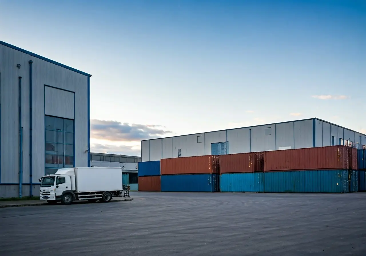 Factory buildings with delivery trucks and shipping containers. 35mm stock photo