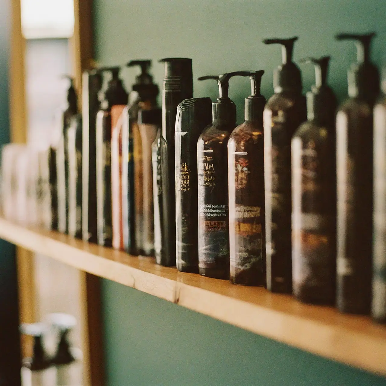 A variety of hair care products on a salon shelf. 35mm stock photo