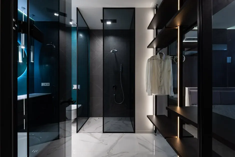 Discover sleek modern design featuring a bathroom with walk-in shower and closet.