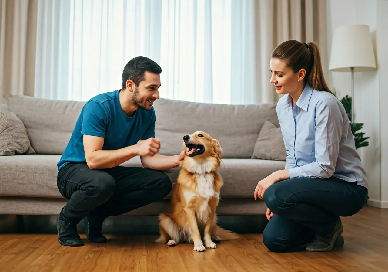 Dog trainer interacting with a happy dog in a living room. 35mm stock photo