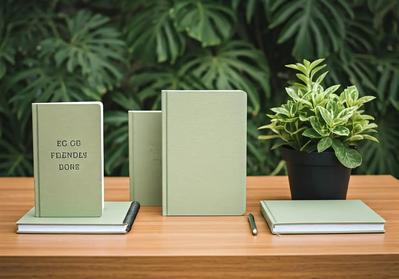 Eco-friendly notebooks displayed on a wooden desk with plants. 35mm stock photo