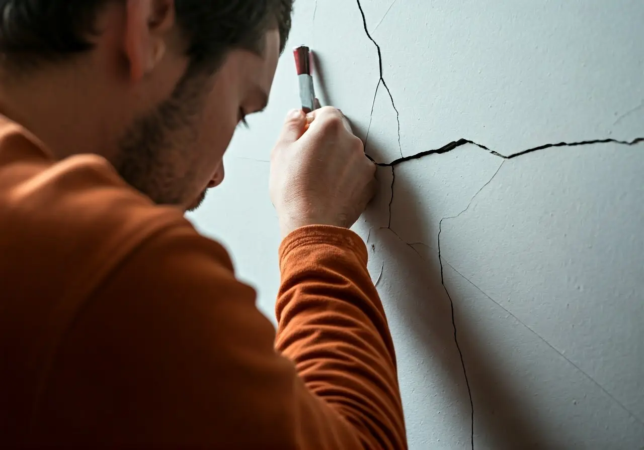 Close-up of a person fixing a crack in drywall. 35mm stock photo