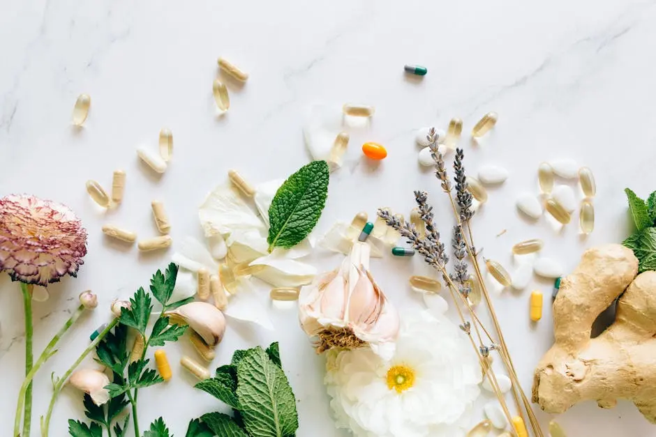 A flatlay of natural herbs, supplements, and flowers on a marble background.