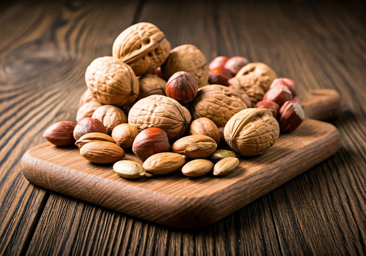 A variety of nuts and seeds on a wooden table. 35mm stock photo