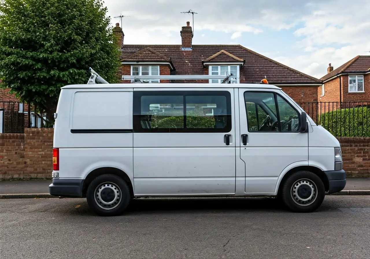 A locksmith’s van parked on a quiet residential street. 35mm stock photo