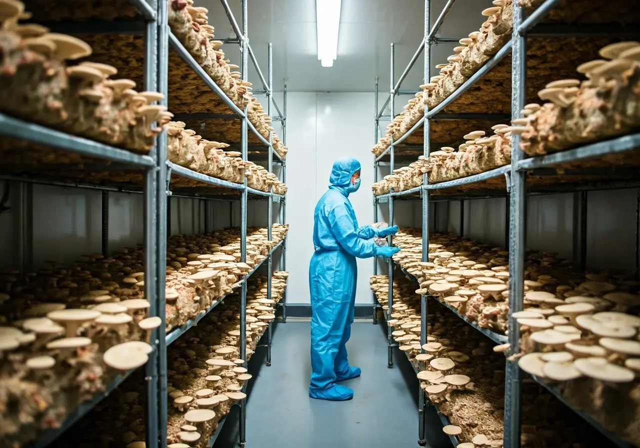 A clean room with sterilized mushroom cultivation equipment. 35mm stock photo