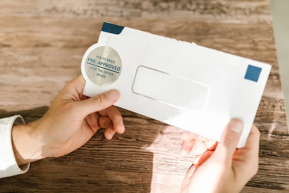 Hands holding a pre-approved offer envelope on a wooden table. Perfect for financial marketing.