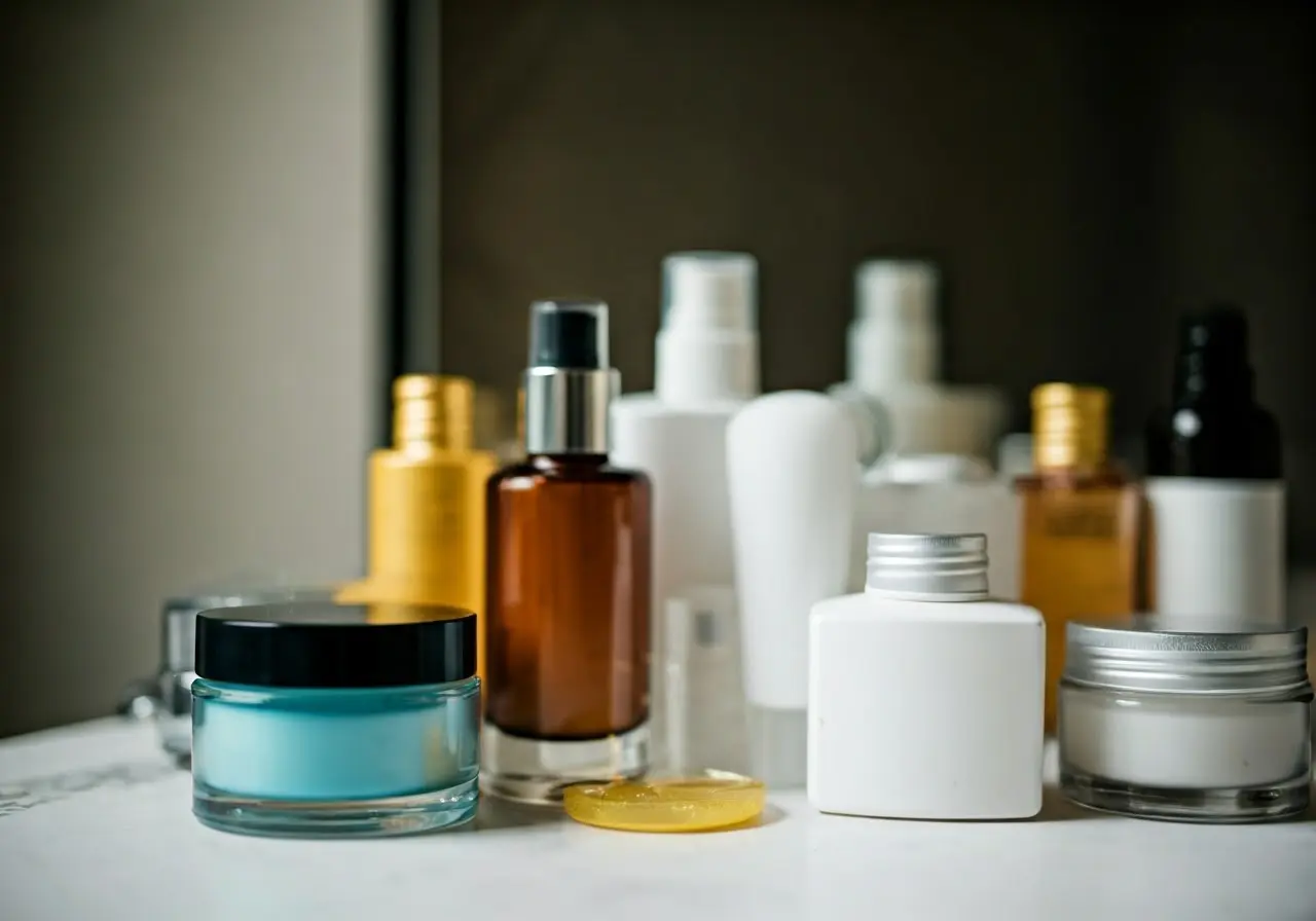 Close-up of various skincare products on a bathroom counter. 35mm stock photo