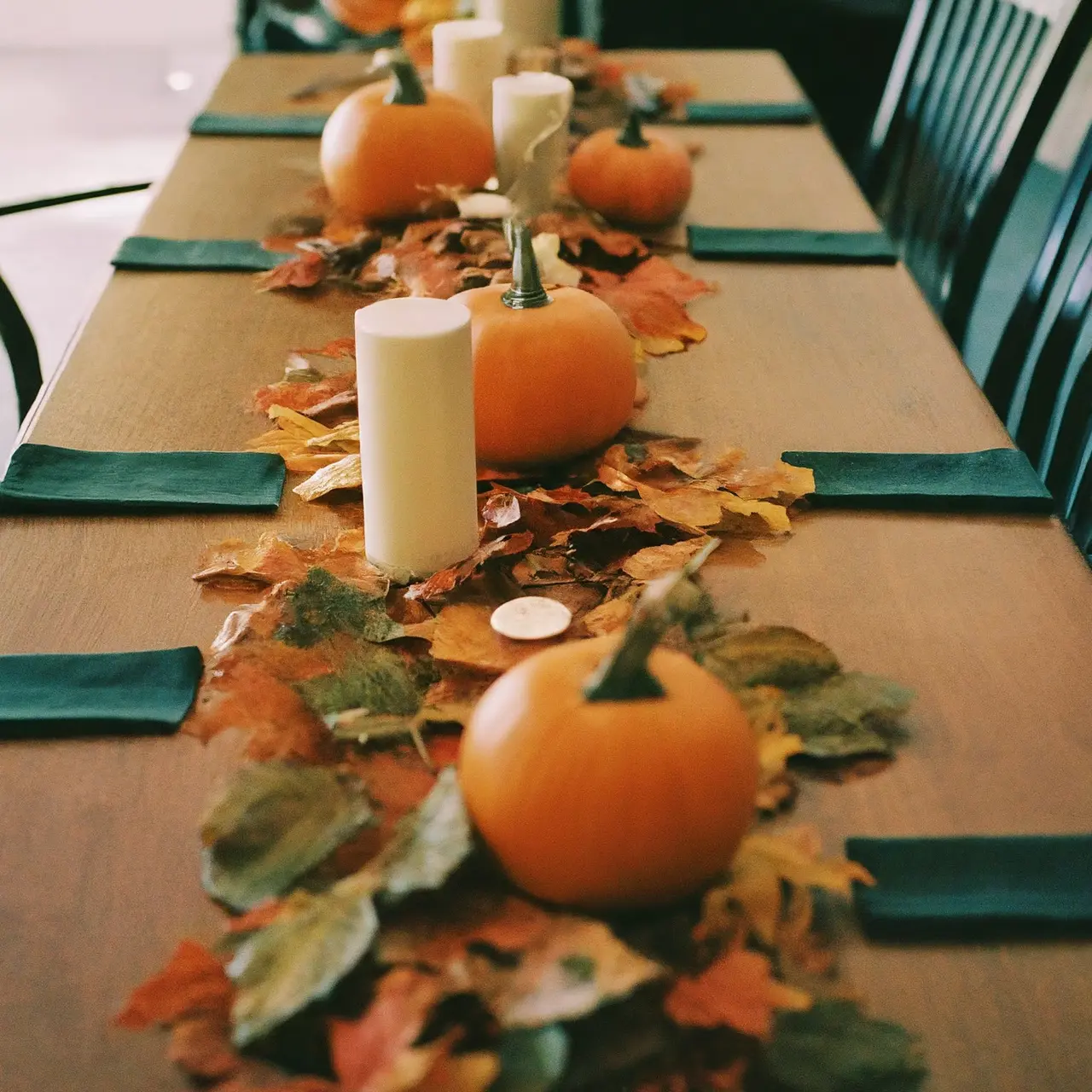 A table adorned with pumpkins, leaves, and candle centerpieces. 35mm stock photo