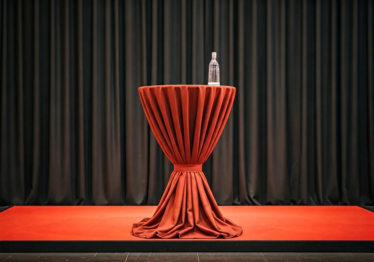 Elegant table with stylish cover under bright trade show lights. 35mm stock photo